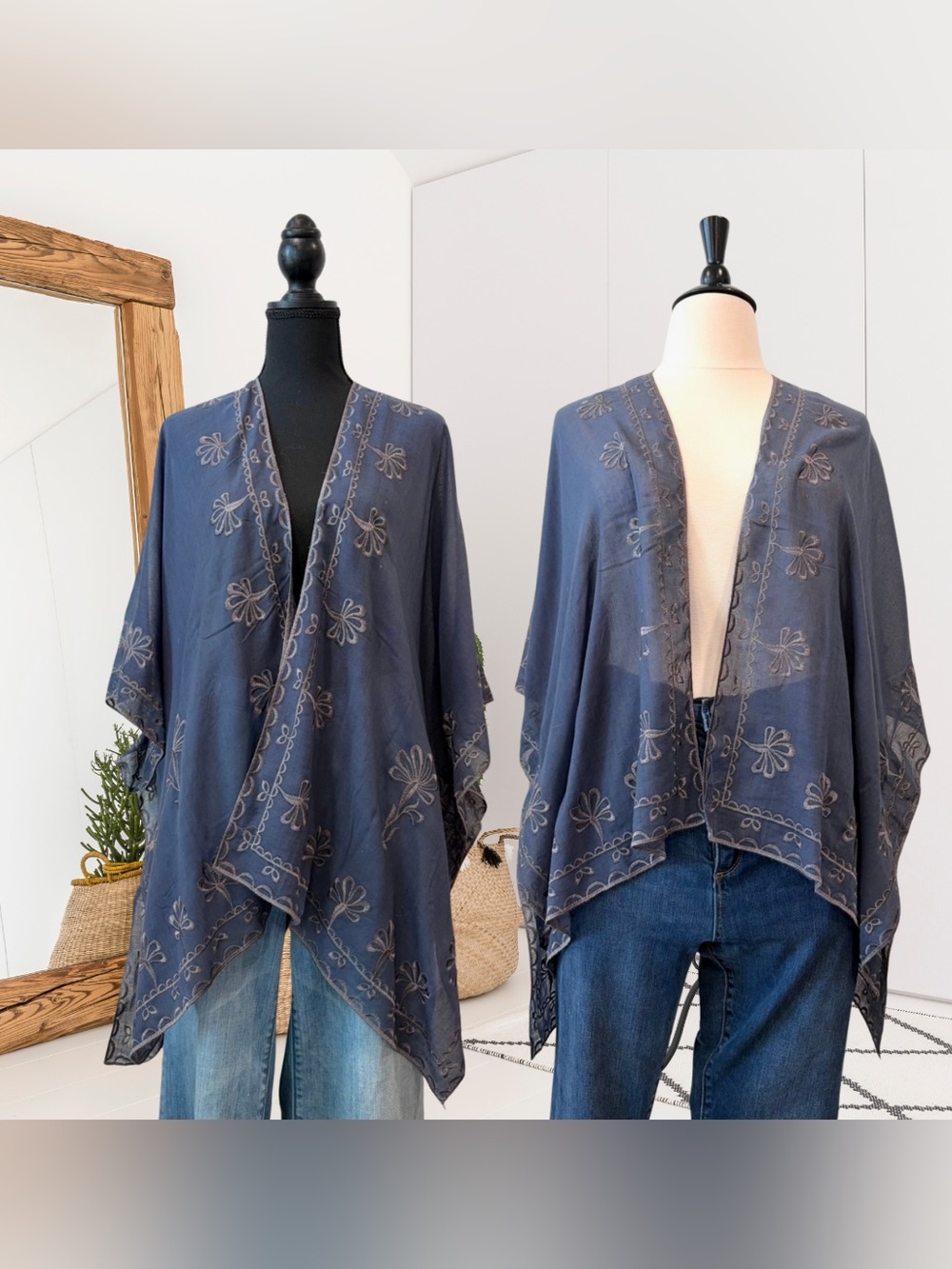 Natural Life Embroidered Open Front Kimono Sleeve Lightweight Top